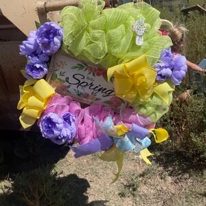 Hello Spring Wreath Door Decor Colorful Floral‎ Flowers Mesh Ribbon Bows